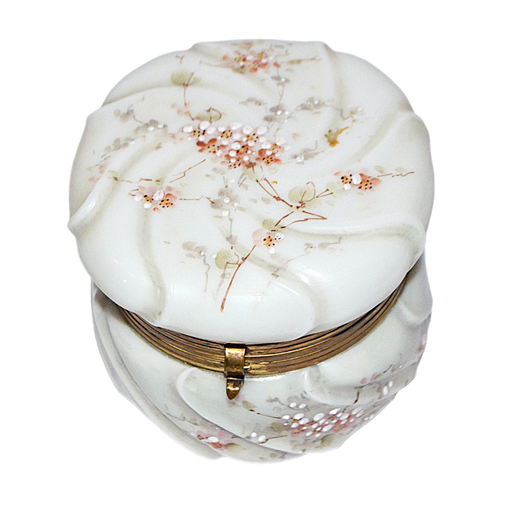 CF Monroe Helmschmeid Swirl Opal Ware Dresser Box with Orange Enamel Painted Flowers