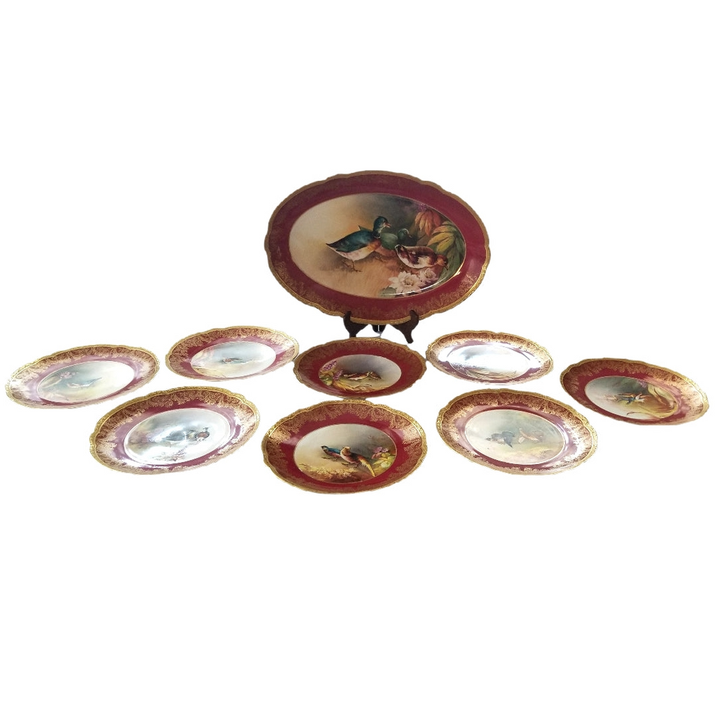 Antique Limoges 9 Piece Game Bird Service, Oval Platter with 8 Plates, Signed