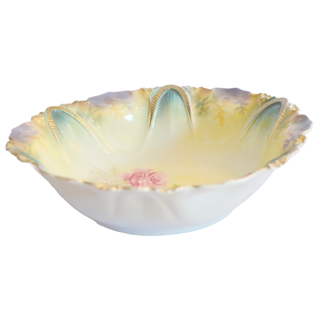 RS Prussia Porcelain Bowl Mold 96 Snowballs & Pink Roses Lilac Purple Flash