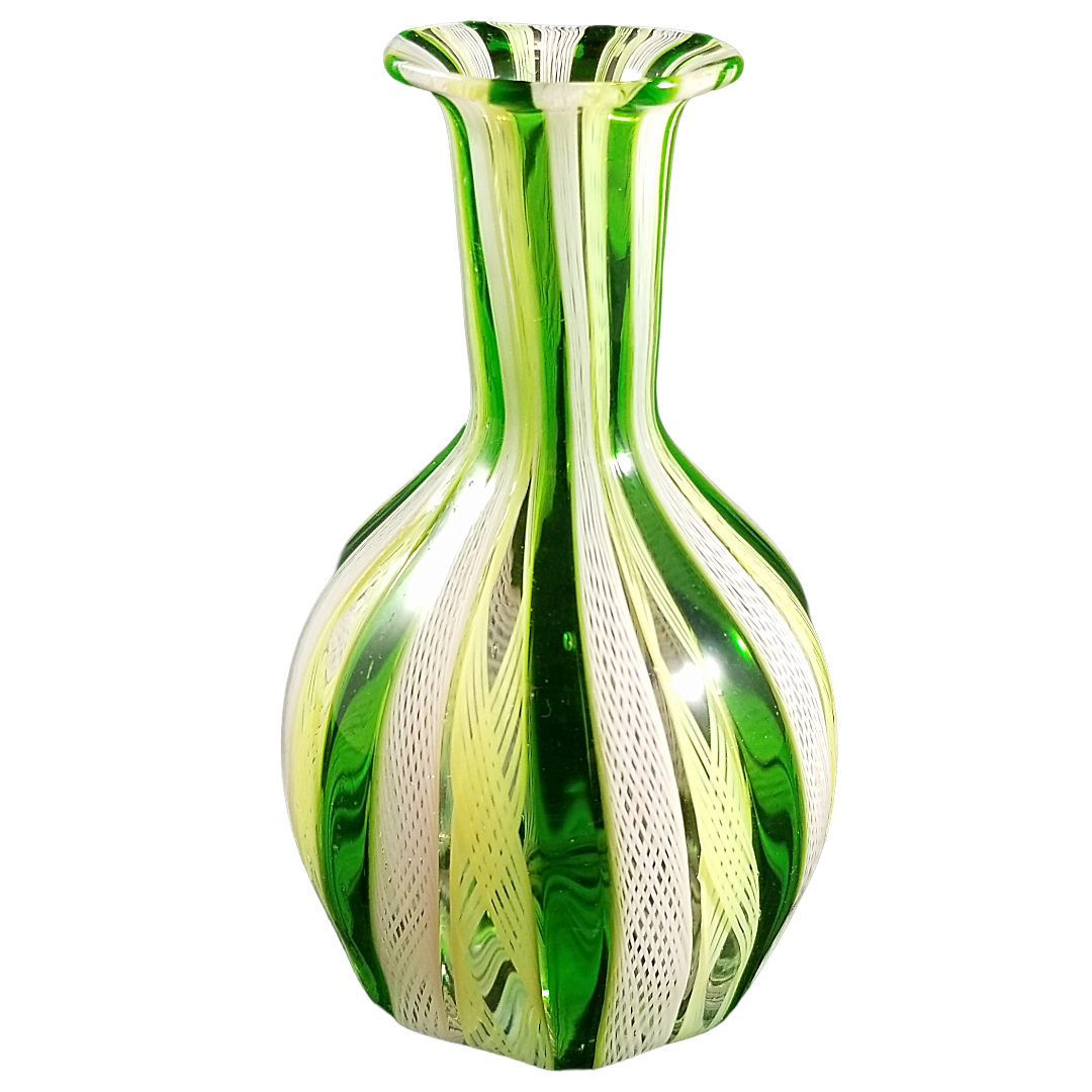Venetian Latticinio Murano Glass Hand Blown Emerald & Chartreuse White Ribbon Twist Bud Vase