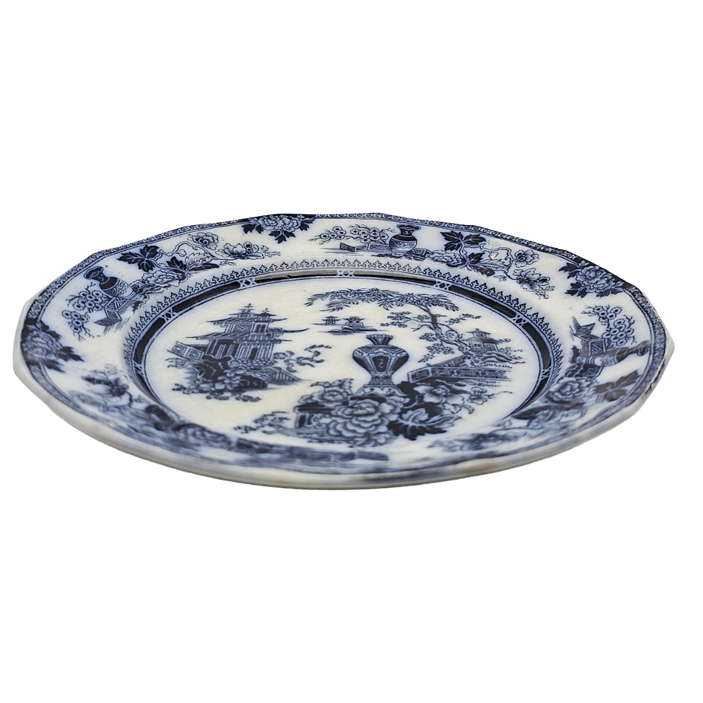 Antique English Flow Blue Ironstone Plate: W Adams & Sons Transferware, Oriental Chinoiserie Jeddo