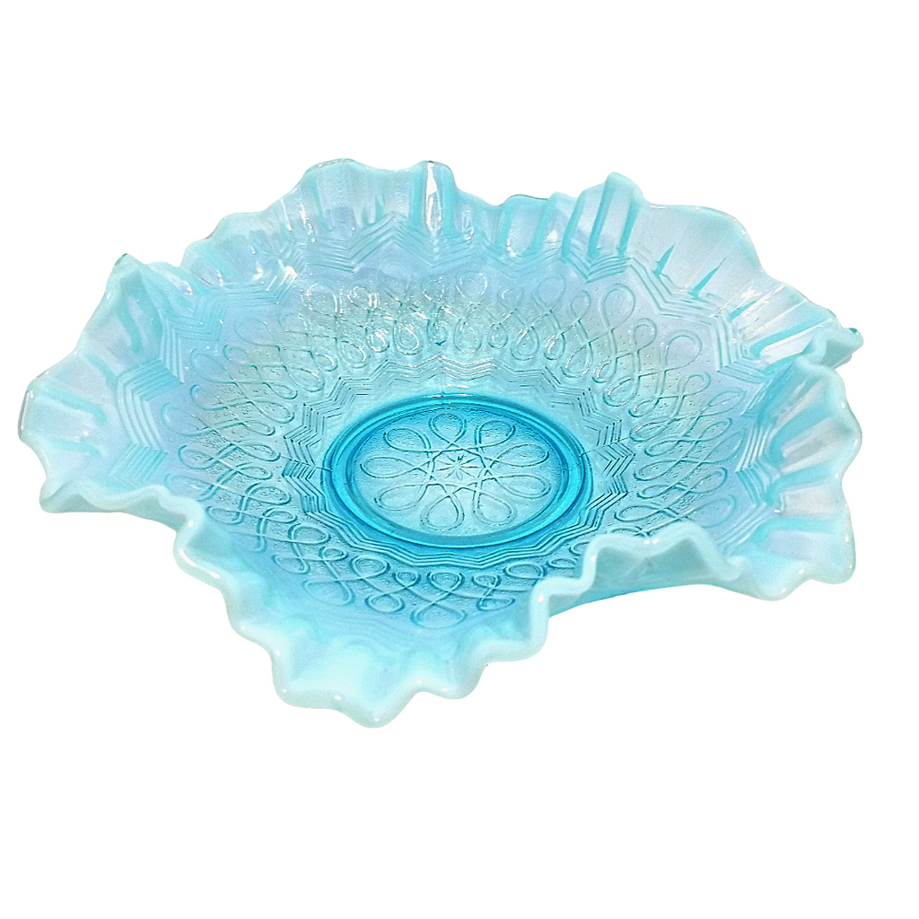Jefferson Glass  Aqua Blue Opalescent Fluted Ruffle Bowl "Many Loops" Pattern