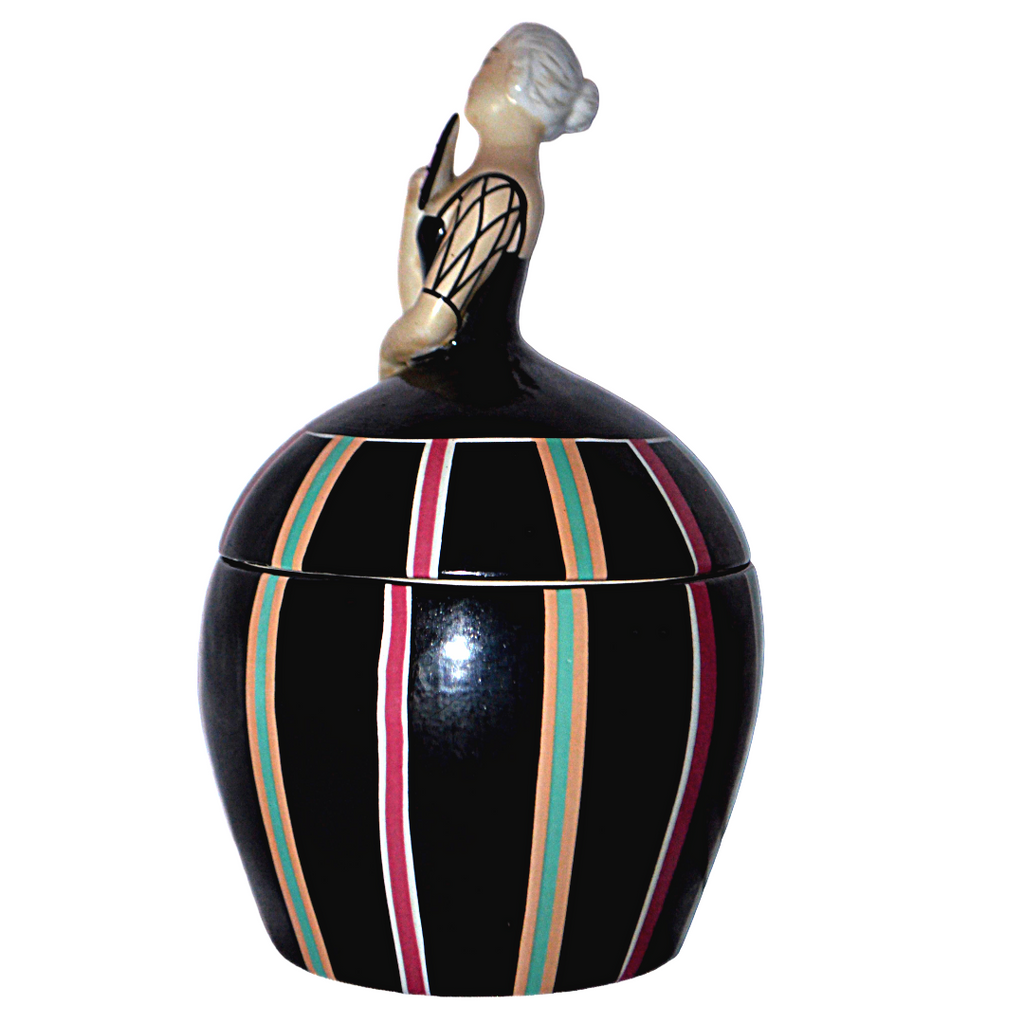 Robj French Art Deco Covered Jar Tobacco or Vanity Box Asian Lady w/ Fan