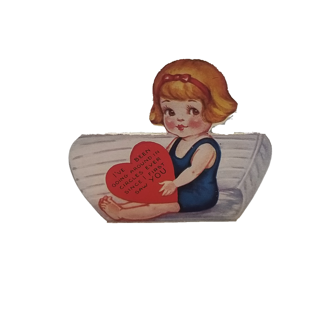 Vintage Valentine Die Cut Girl in Boat Holding Heart Pop Out Card
