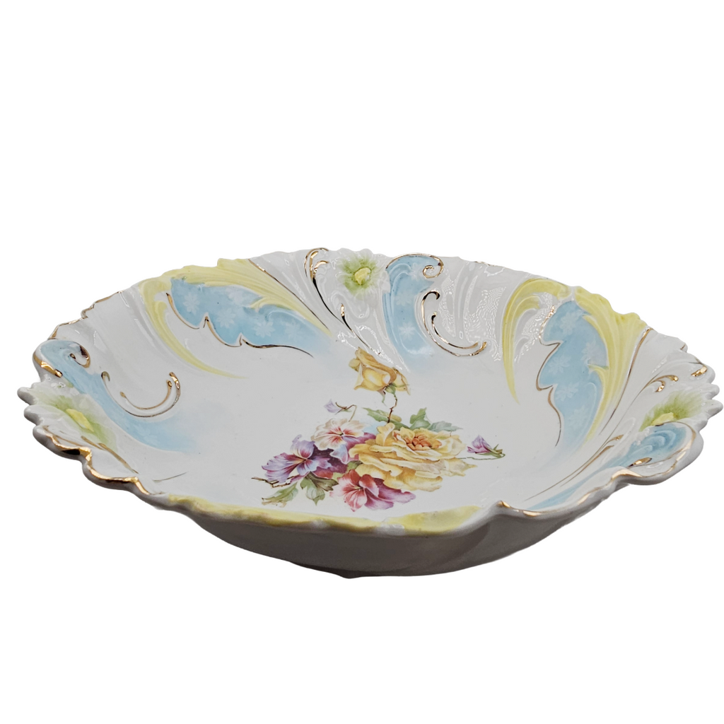 RS PRUSSIA BOWL Stylized Daisy Floral Swirl Rim Mold 40 Yellow Roses & Flowers