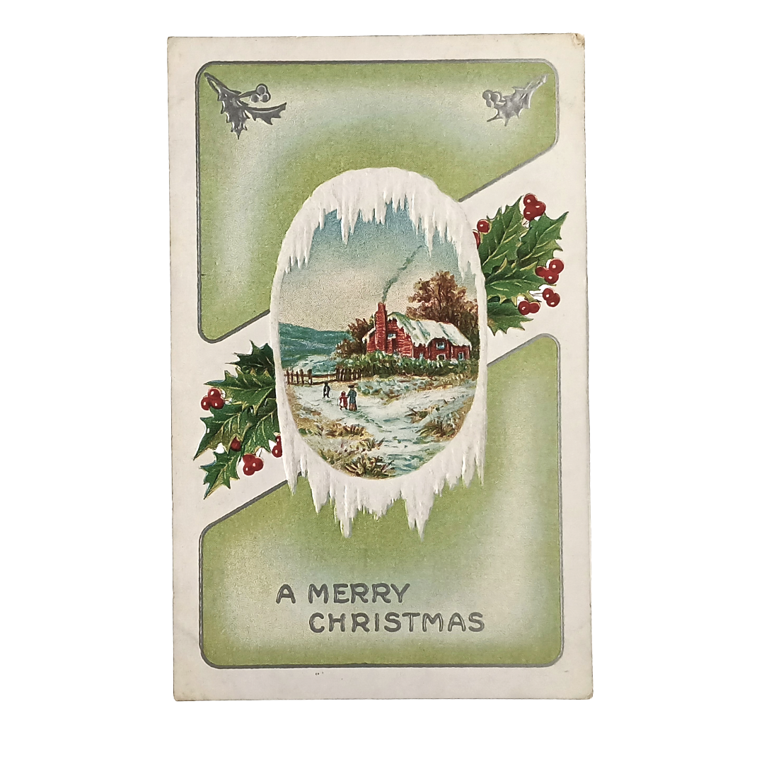 Christmas Postcard Silver Embossed Landscape in Snow with Holly