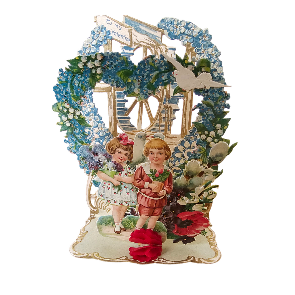 Vintage German Die Cut 3D Valentine's Card Children Flowers & Doves