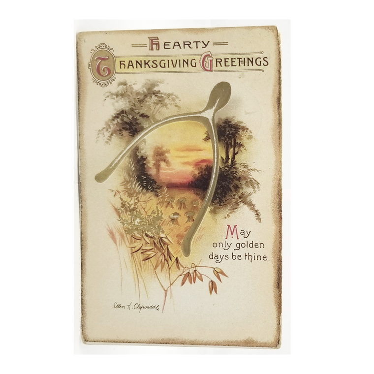 Thanksgiving Postcard Artist Clapsaddle Wishbone with Landscape
