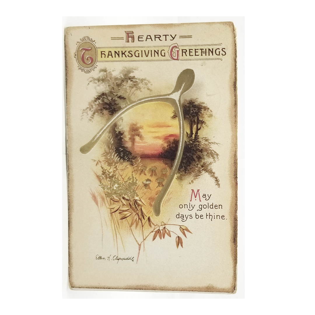 Thanksgiving Postcard Artist Clapsaddle Wishbone with Landscape