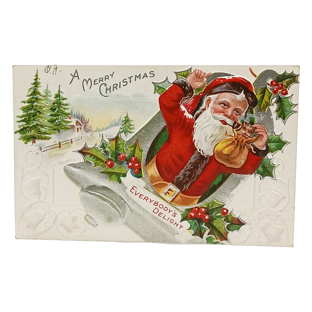 Christmas Delight Series Postcard, Santa with Pipe in Silver Bell