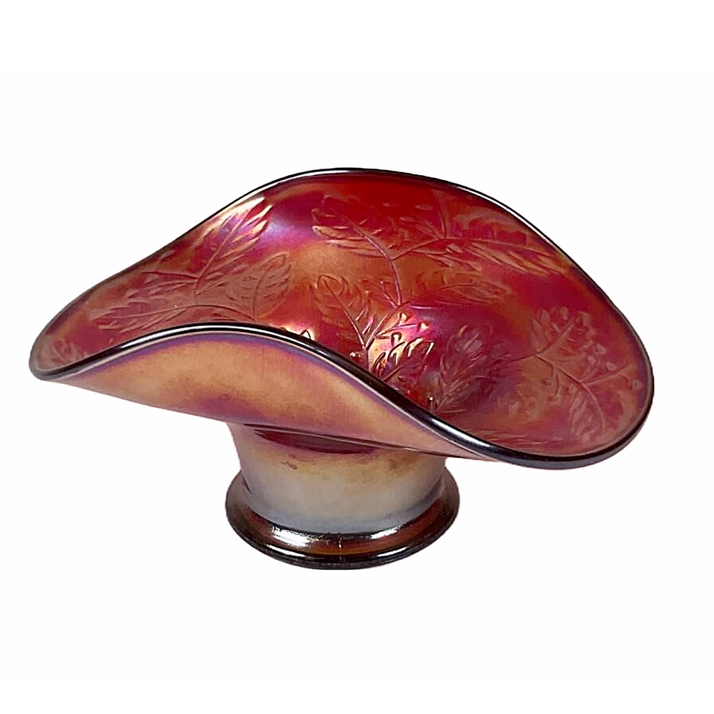 Fenton Red Carnival Glass Hat Vase w/ Holly Decoration