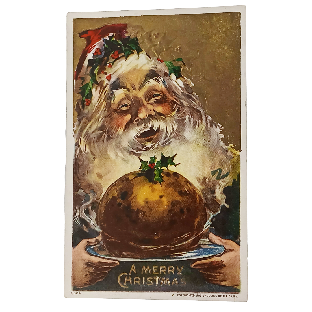 Vintage Christmas Postcard, Jolly Santa Claus, St Nick Holding Pie, Bien Publishing