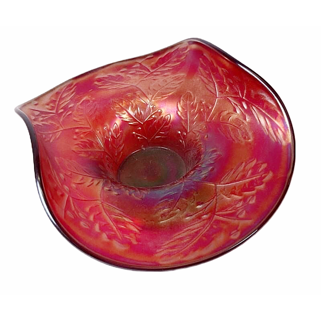 Fenton Red Carnival Glass Hat Vase w/ Holly Decoration