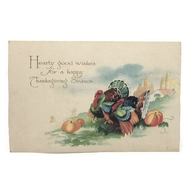 Thanksgiving Postcard Watercolor Arts Craft Style Turkeys in Landscape