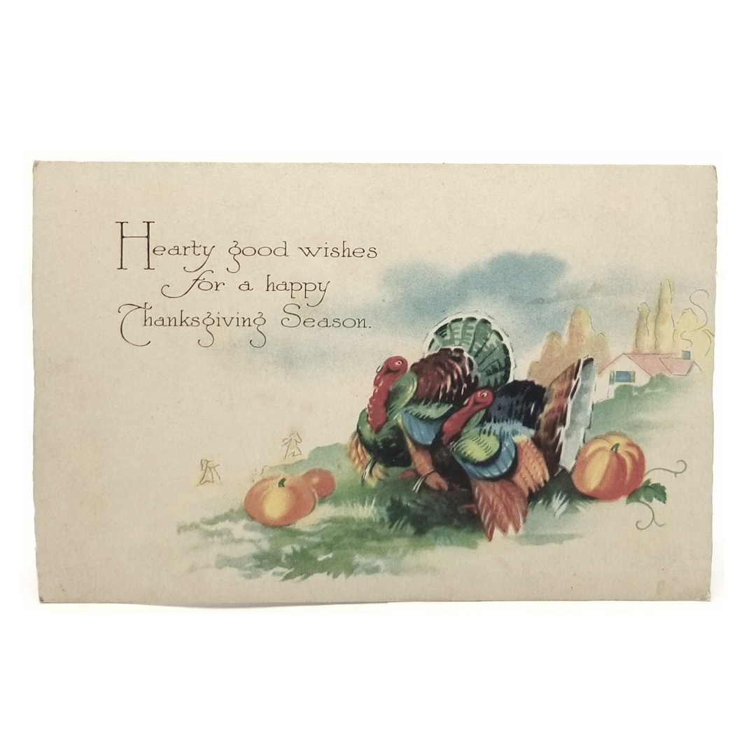 Thanksgiving Postcard Watercolor Arts Craft Style Turkeys in Landscape