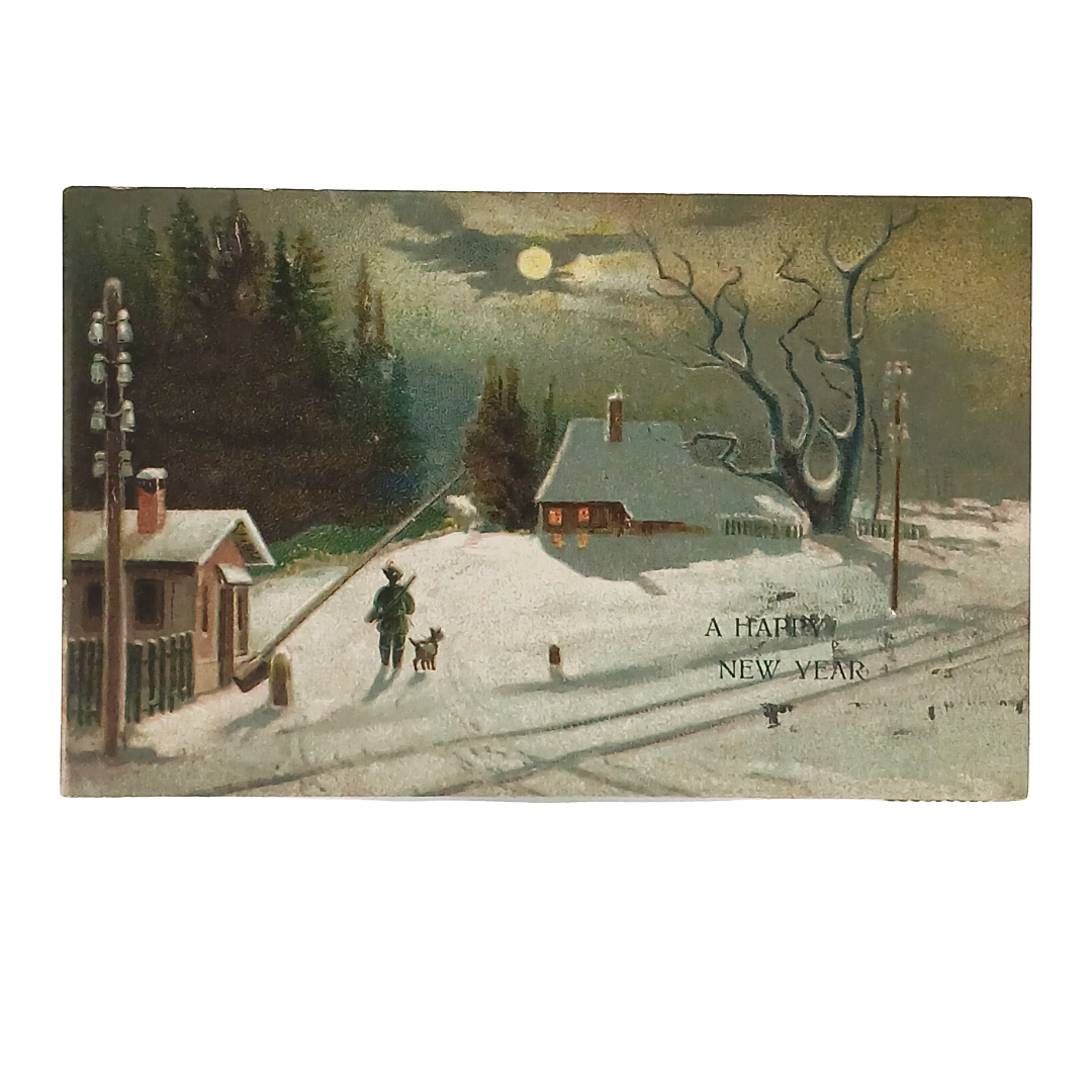 New Year Postcard Tuck Hunter and Dog Overlooking House in Snowy Field Series 513