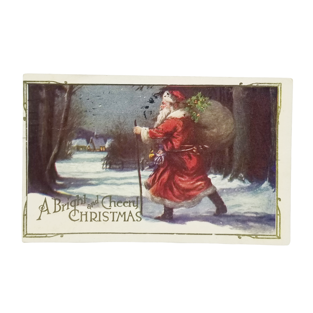 Christmas Postcard Santa Claus with Cane & Toy Bag Nighttime Wooded Snowscape