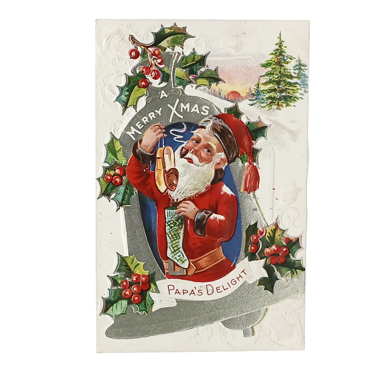 Christmas Delight Series Postcard, Santa Filling Stocking in Silver Bell