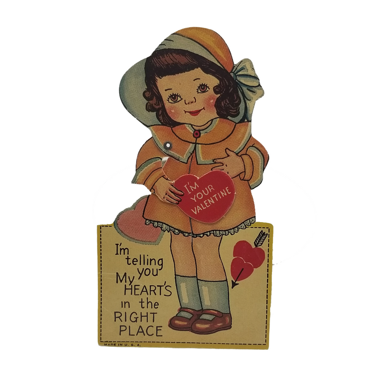 Die Cut Mechanical Valentine Card Little Girl in Hat Holding Heart