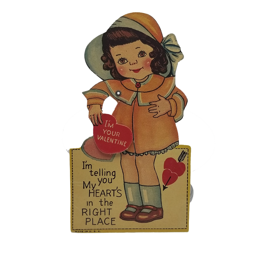 Die Cut Mechanical Valentine Card Little Girl in Hat Holding Heart
