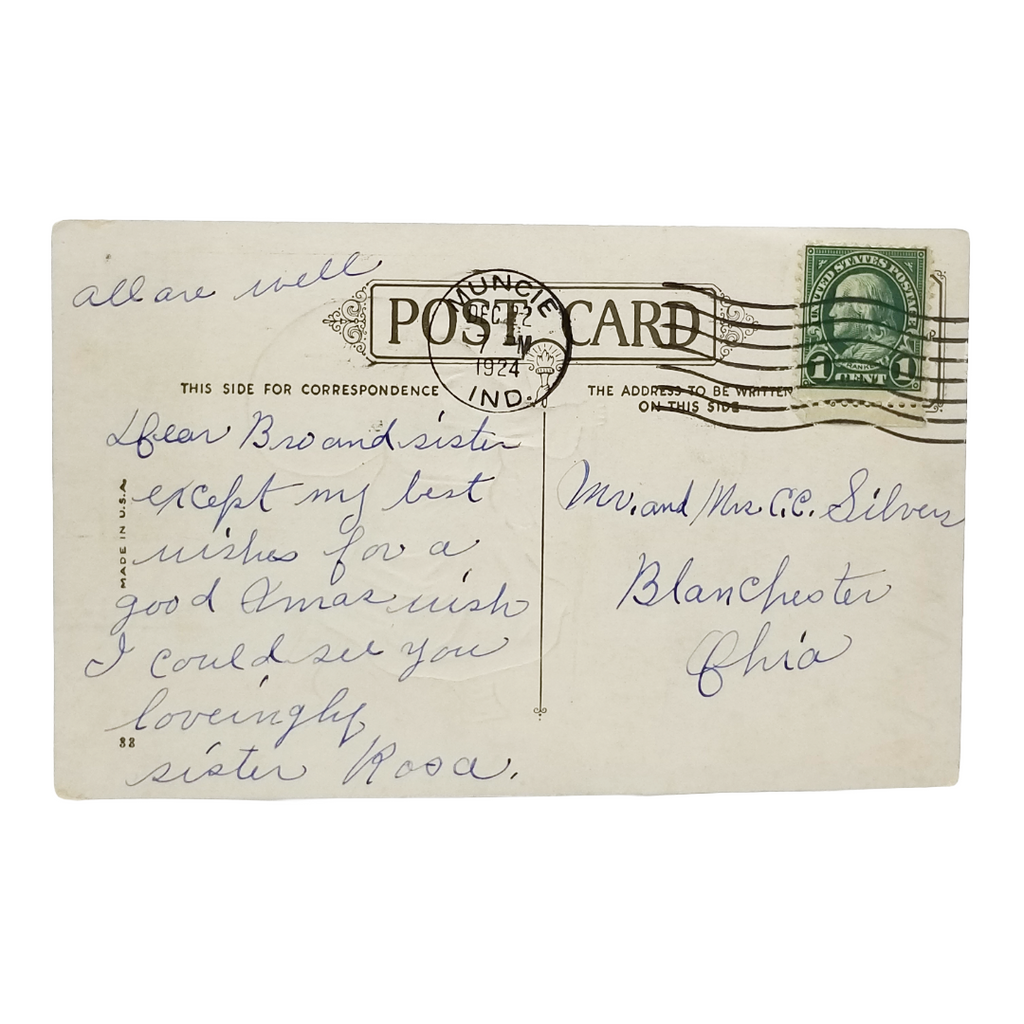 Christmas Postcard Santa Claus with Cane & Toy Bag Nighttime Wooded Snowscape