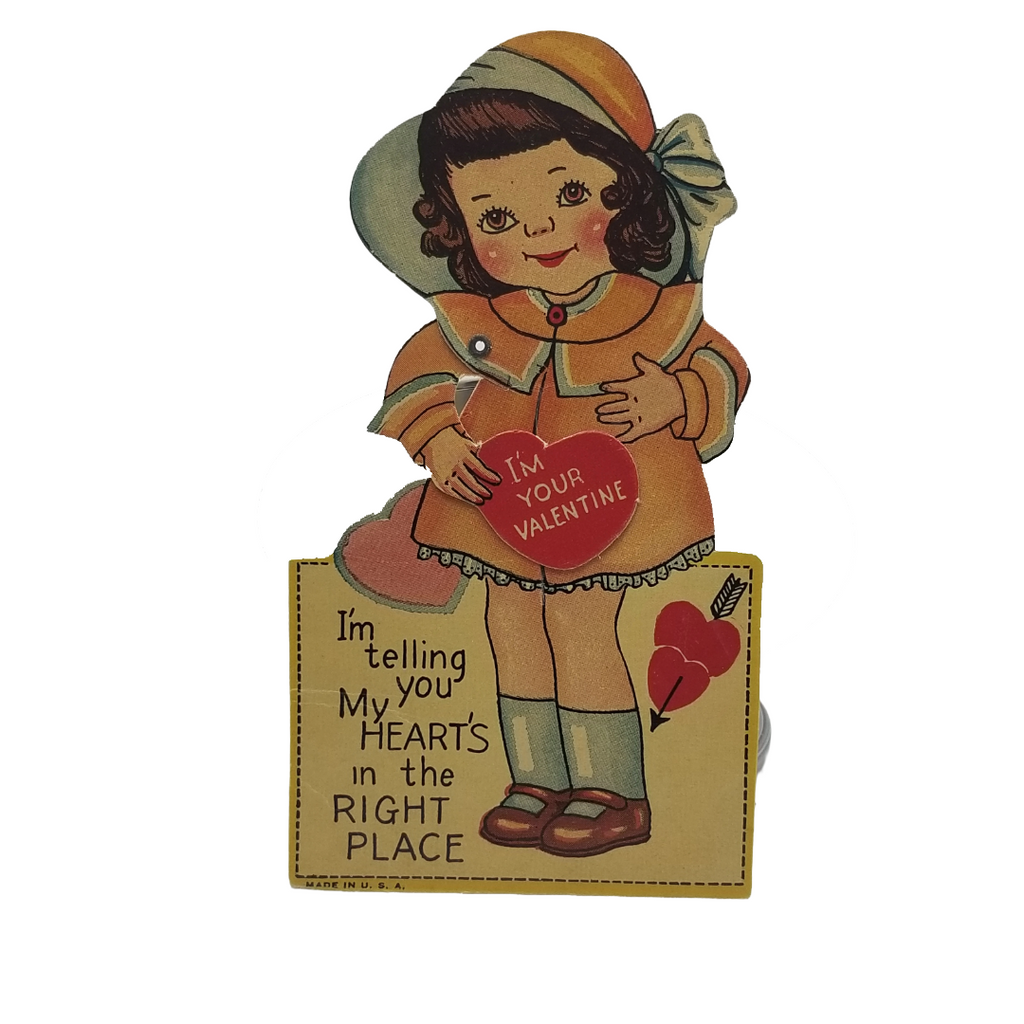 Die Cut Mechanical Valentine Card Little Girl in Hat Holding Heart