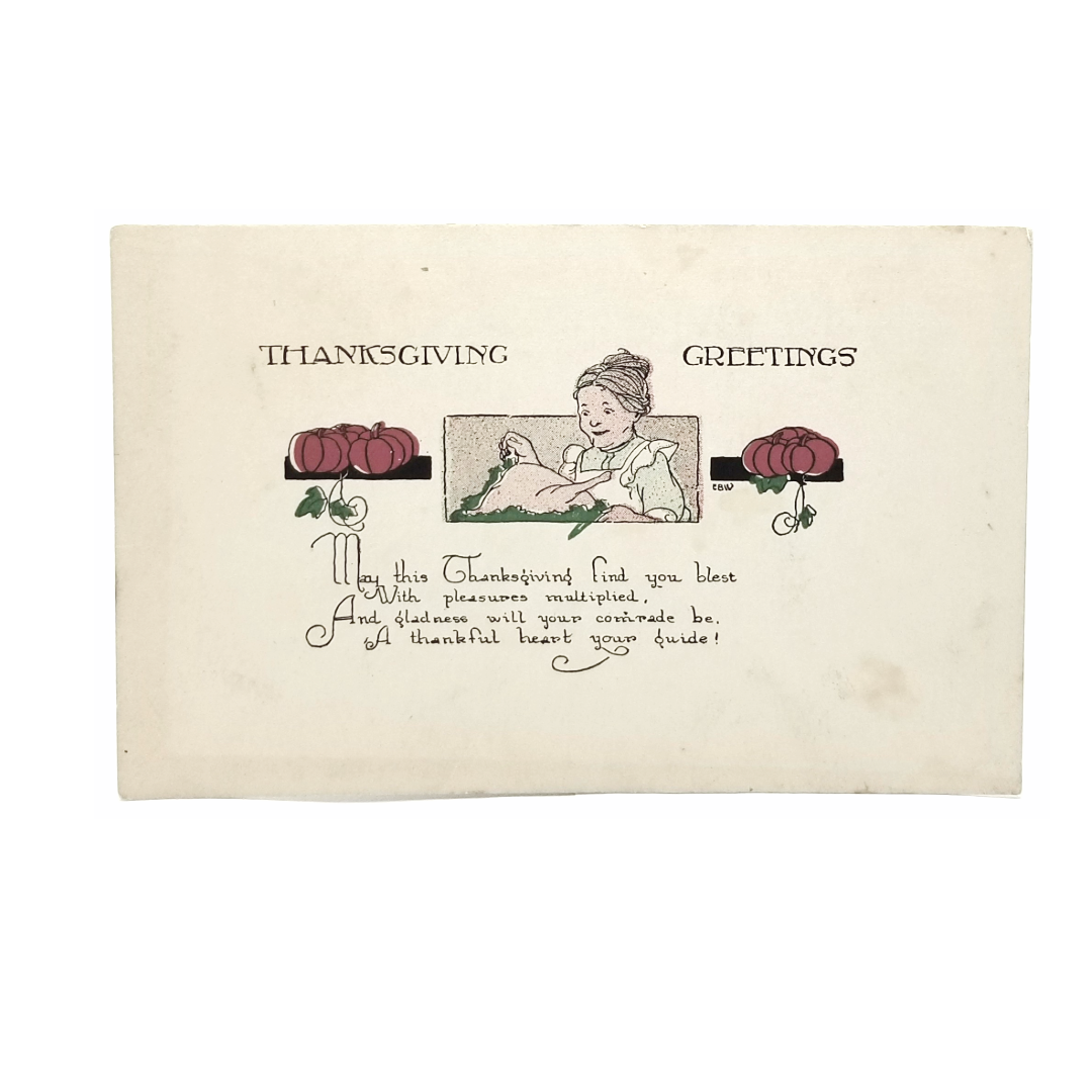 Thanksgiving Postcard Arts Craft Style Woman with Turkey