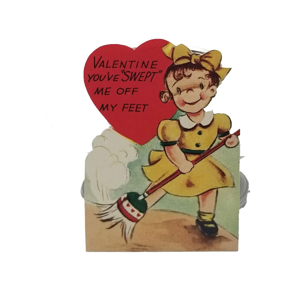 Vintage Die Cut Valentine Card Little Girl Sweeping with Broom