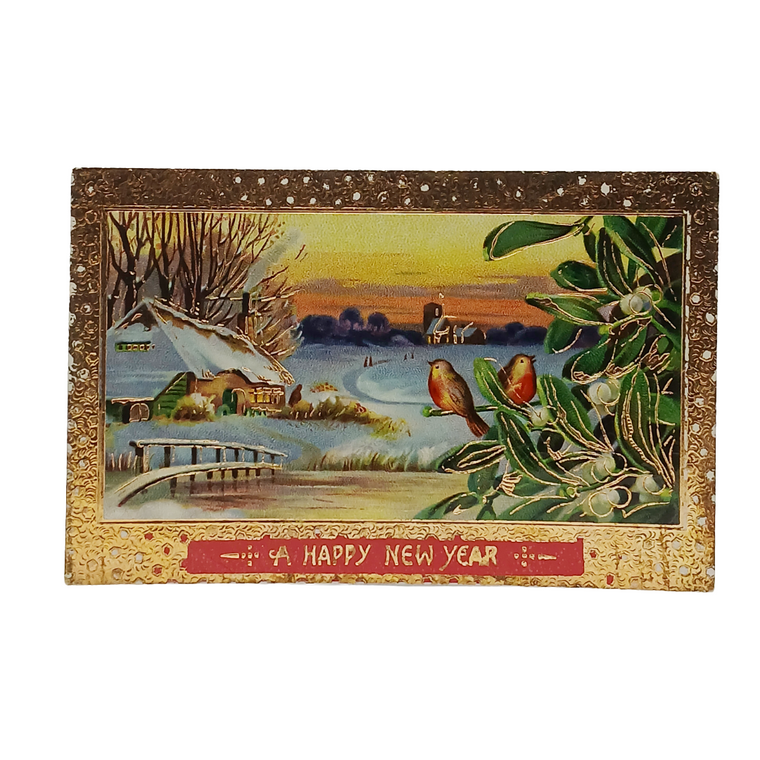 New Year Postcard House Nestled In Snowy Forest w/Birds Gold Embossed Series 7009