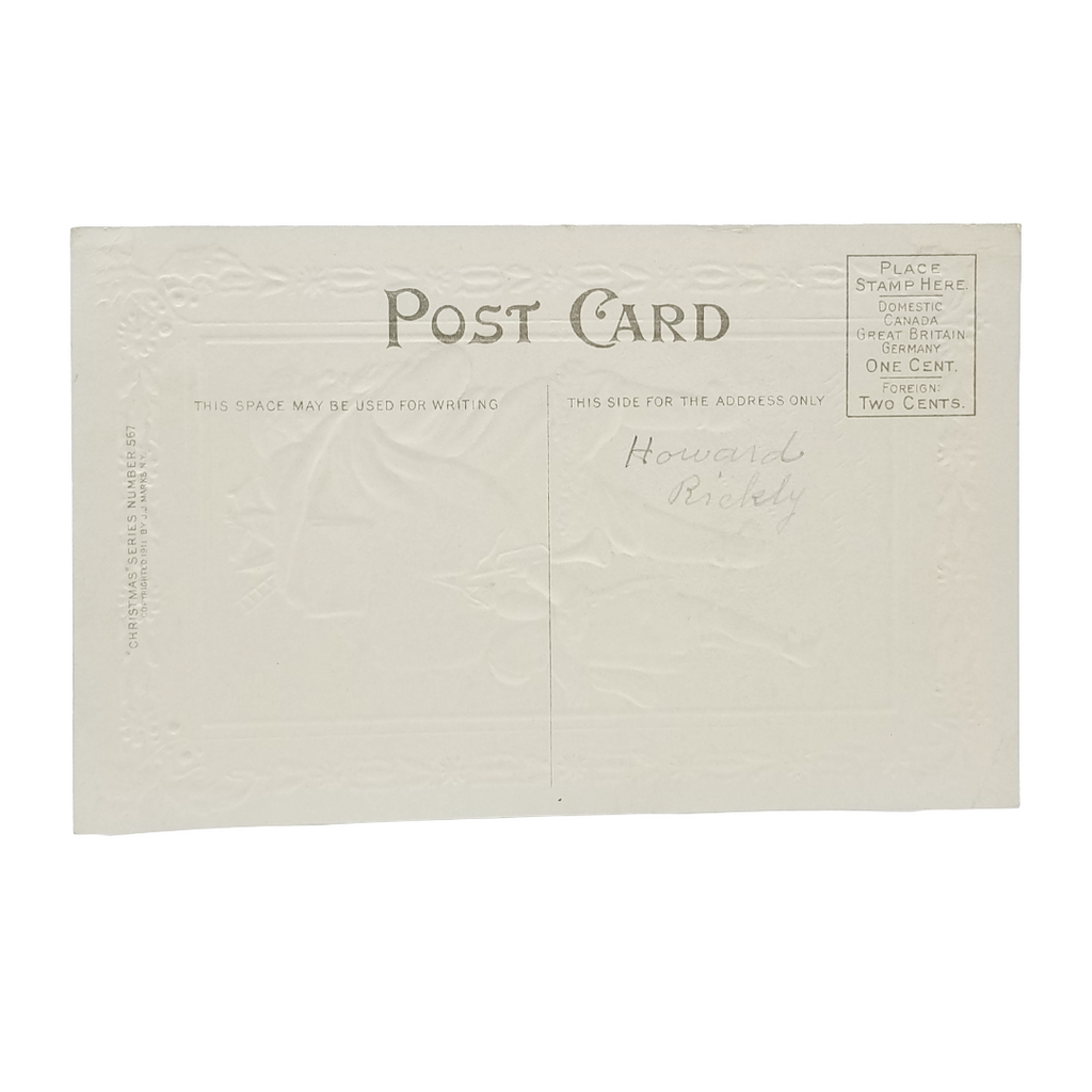 Christmas Postcard Boy Cutting Hole In Santa's Toy Bag Series 567 JJ Marks