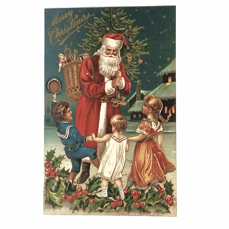 Santa Claus Christmas Postcard Saint Nick Tree Children Dancing Stars