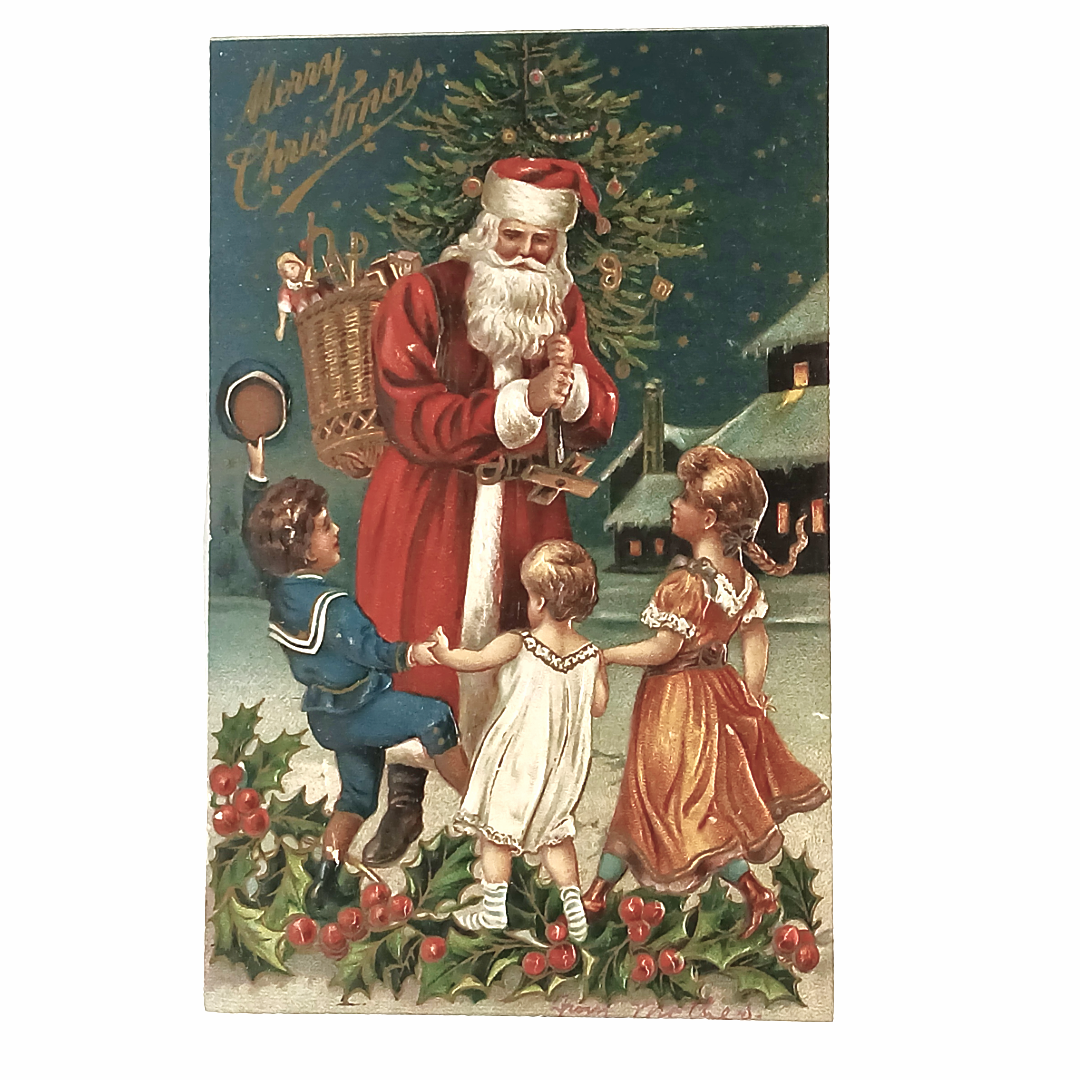 Santa Claus Christmas Postcard Saint Nick Tree Children Dancing Stars