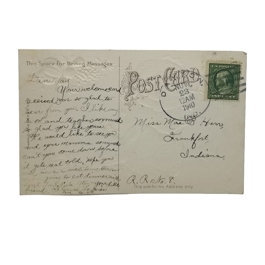 Thanksgiving Postcard Girl in Blue Feeding Turkeys Gold Embossed