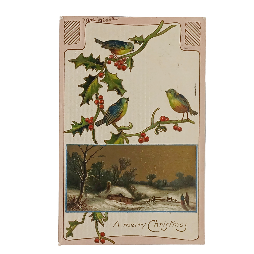 Christmas Postcard Gold Embossed Song Birds Couple Walking in Snowy Landscape