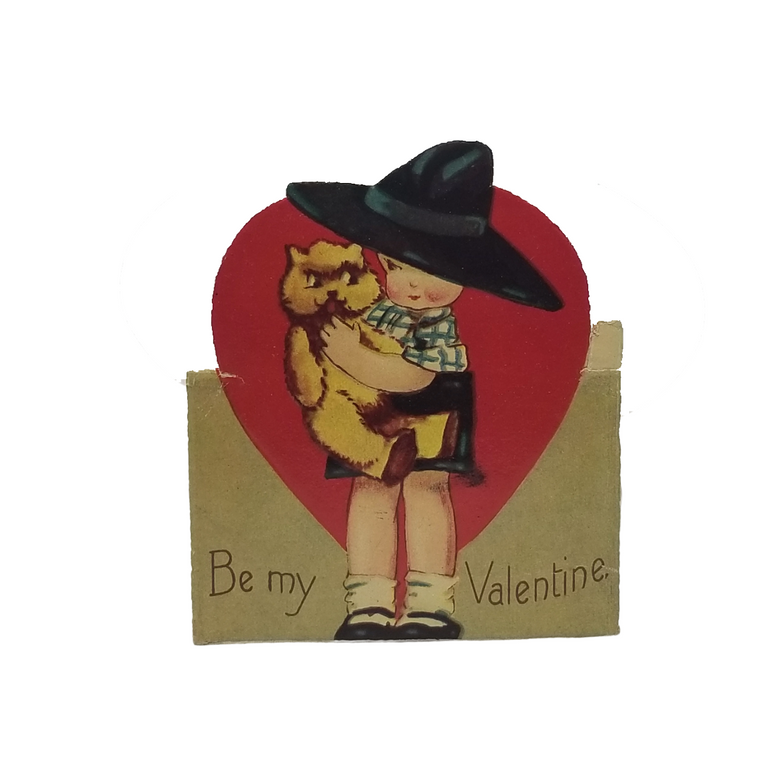 Die Cut Valentine Card Little Boy in Big Hat Holding Puppy Dog
