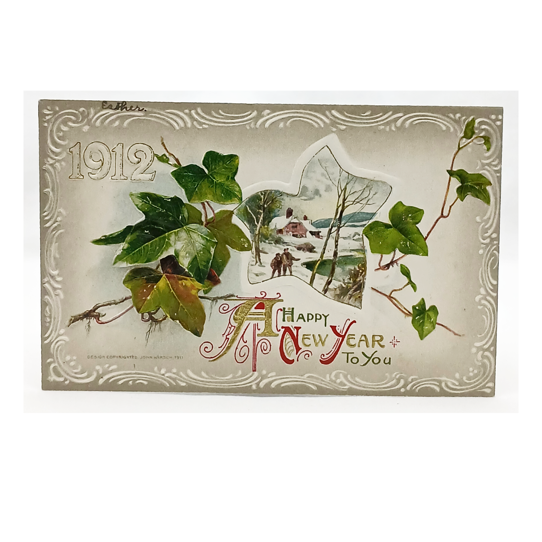 New Year Postcard Winsch Couple In Snowy Yard w/Leaf Border White Border