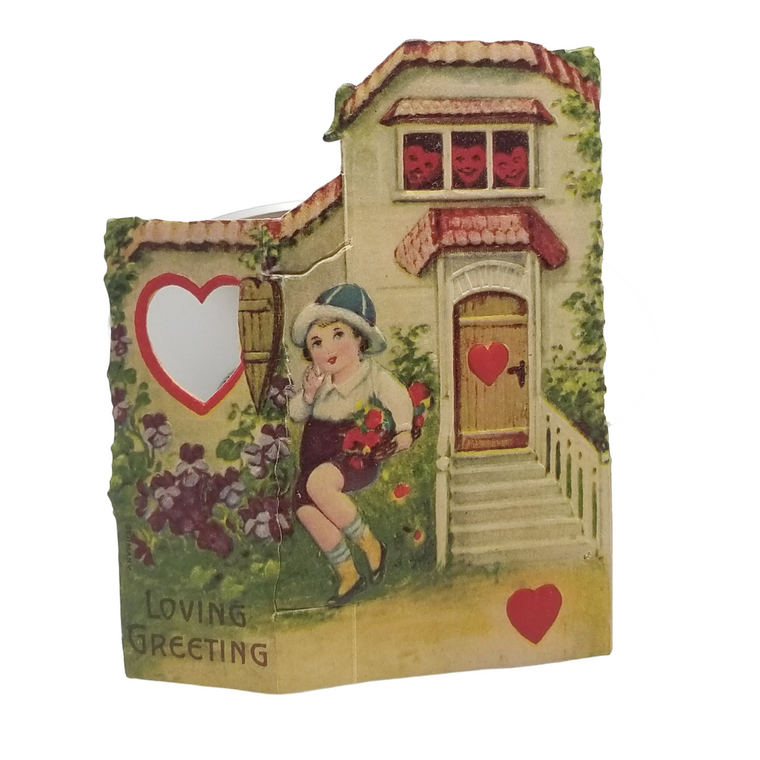 Vintage German Valentine Die Cut Card Fold Out Boy in Open Window