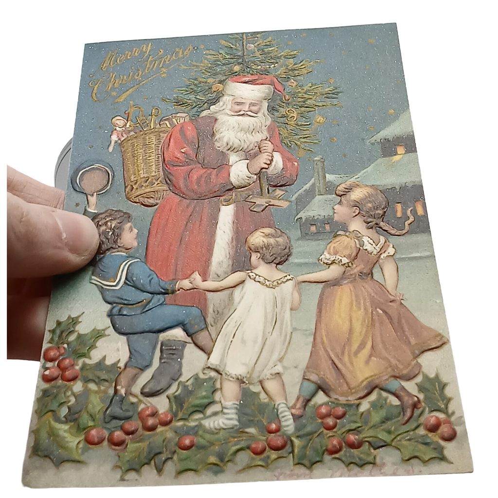 Santa Claus Christmas Postcard Saint Nick Tree Children Dancing Stars