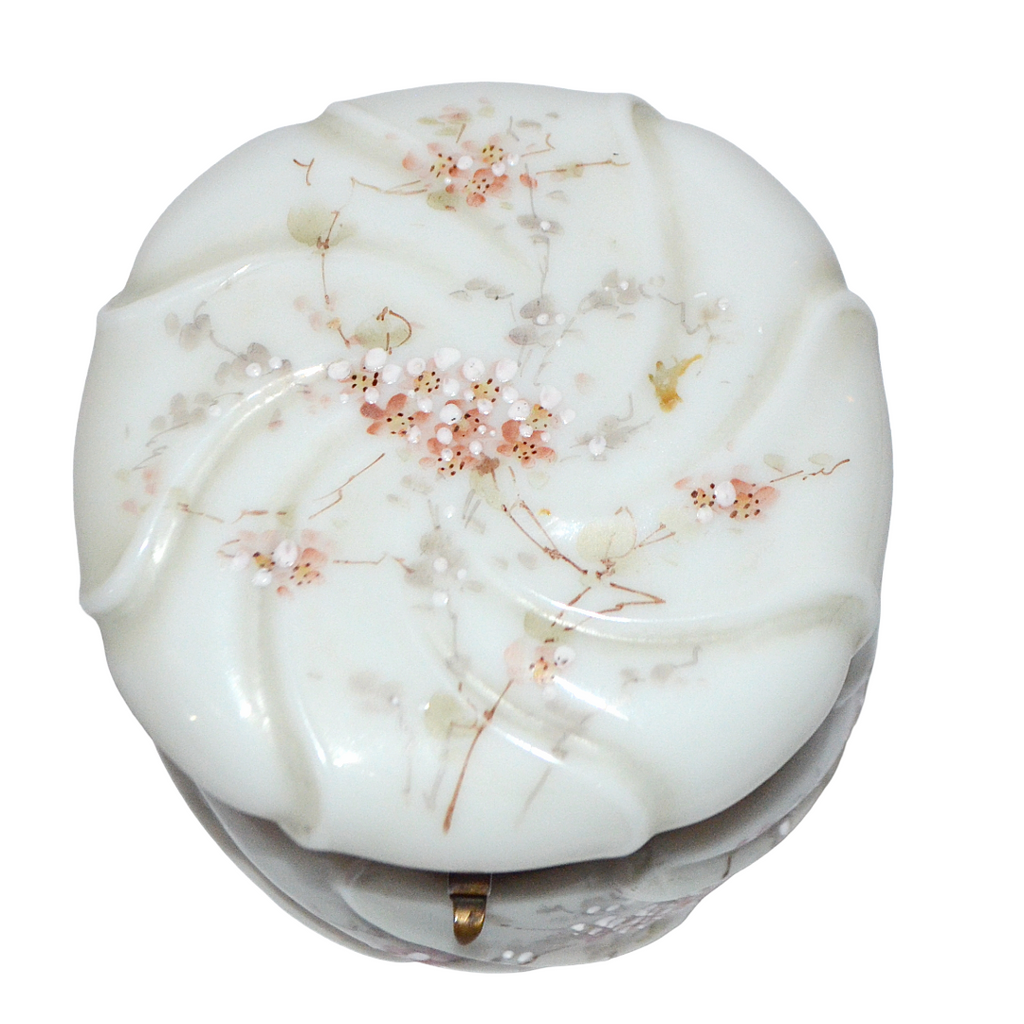 CF Monroe Helmschmeid Swirl Opal Ware Dresser Box with Orange Enamel Painted Flowers