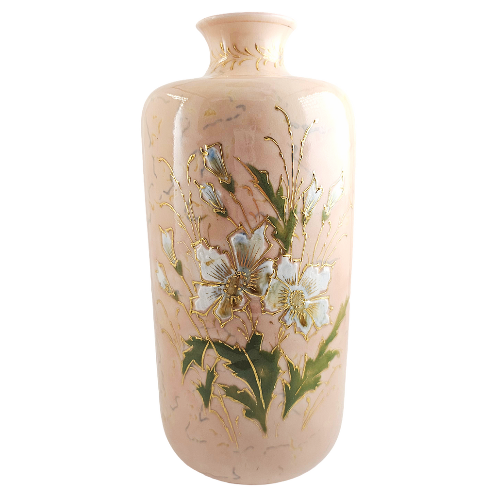 RS Prussia Porcelain Vase, Enamel White Flowers, Mold 909, 9 Inch
