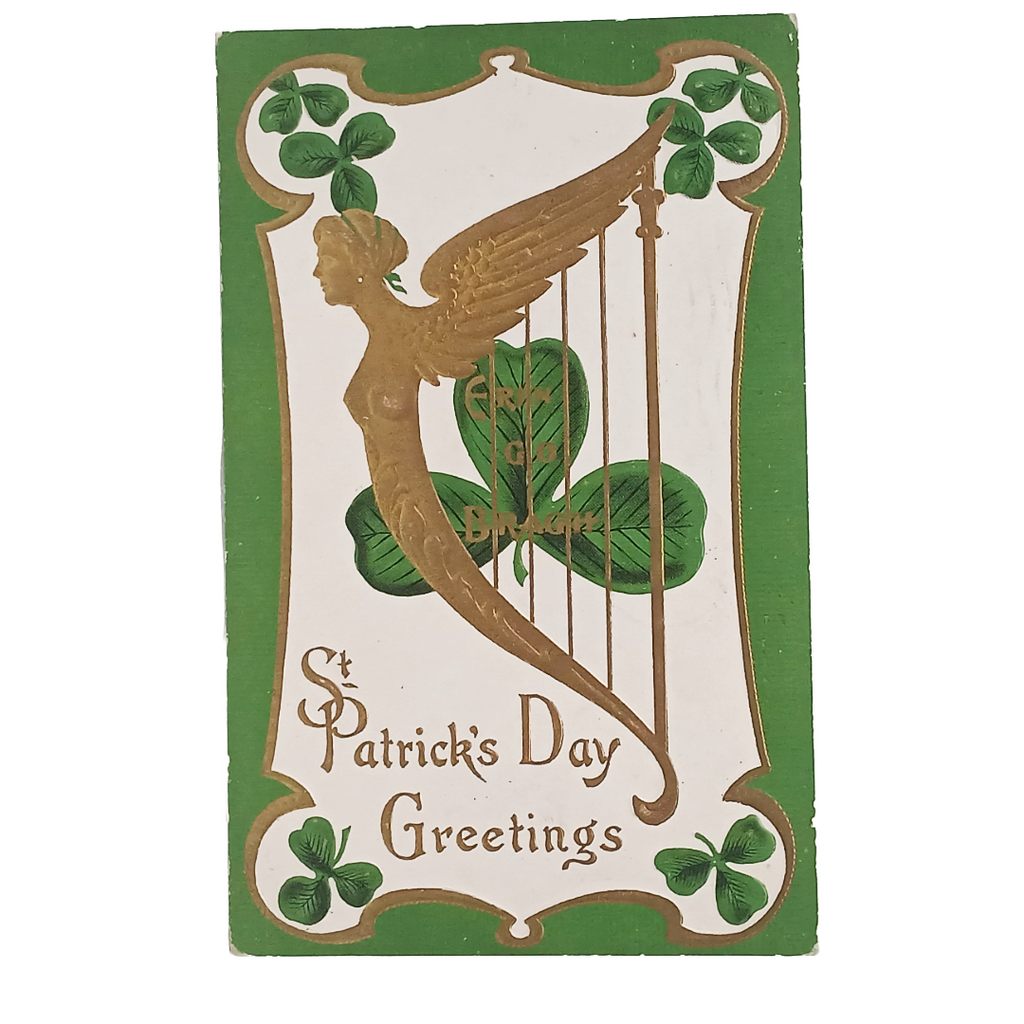 Vintage Saint Patrick's Day Postcard Erin Go Braugh Gold Harp Clover