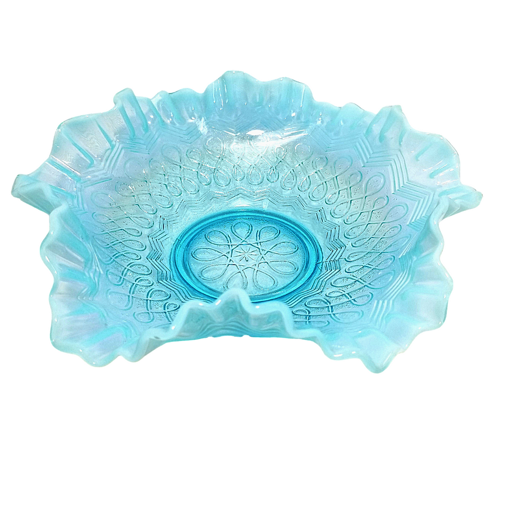 Jefferson Glass  Aqua Blue Opalescent Fluted Ruffle Bowl "Many Loops" Pattern