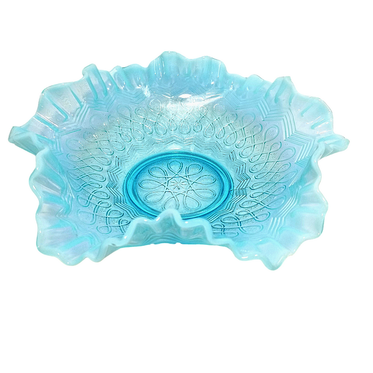 Jefferson Glass  Aqua Blue Opalescent Fluted Ruffle Bowl "Many Loops" Pattern