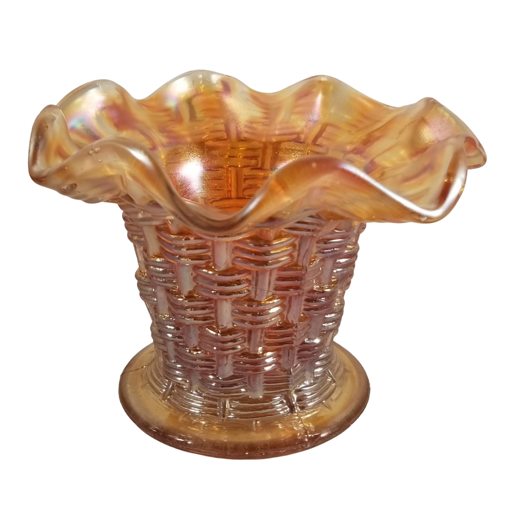 Antique Dugan Persian Garden Big Basketweave Marigold Carnival Glass Squat Vase Fruit Bowl Base
