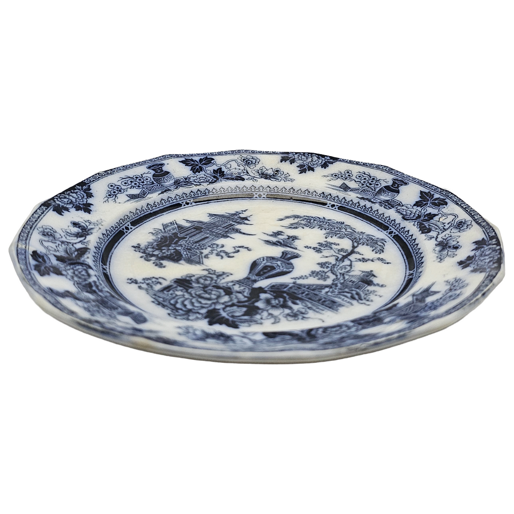 Antique English Flow Blue Ironstone Plate: W Adams & Sons Transferware, Oriental Chinoiserie Jeddo