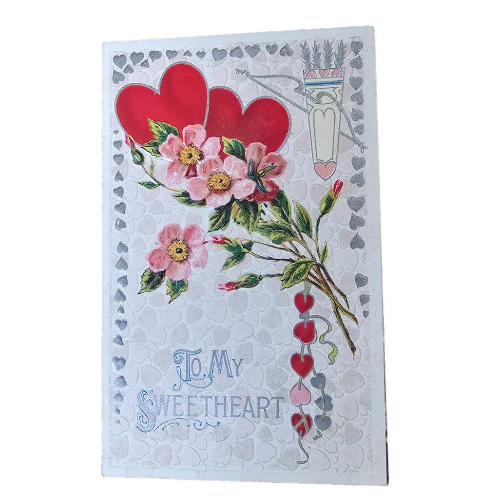 Valentine Postcard Winsch Pub Silver Embossed Heart w/ Flowers