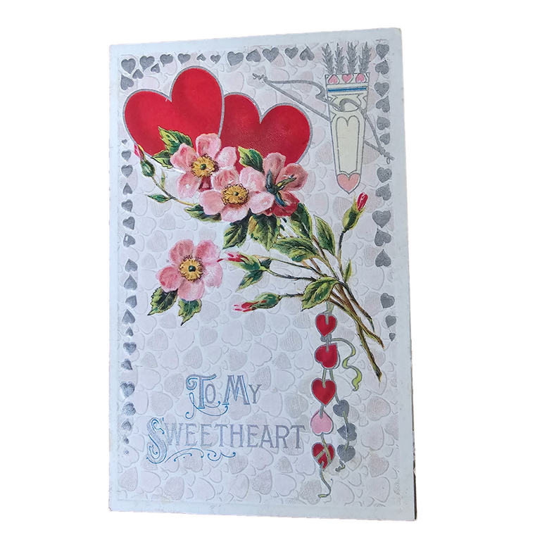 Valentine Postcard Winsch Pub Silver Embossed Heart w/ Flowers