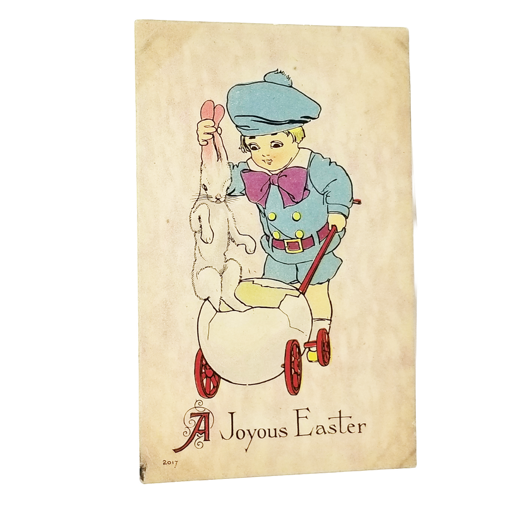 Easter Postcard Boy in Sailor Suit Pulling White Rabbit From Egg Cart