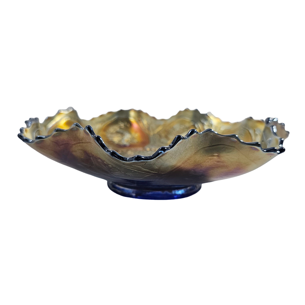 Fenton Dragon & Lotus Pattern Ruffled Cobalt Carnival Glass Bowl