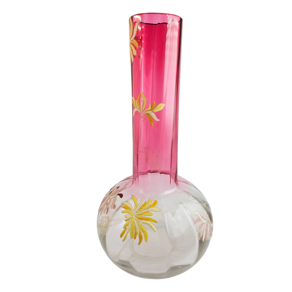 French Art Glass Chrysanthemums Vase, Legras St Denis Mont Joye Bottle Neck